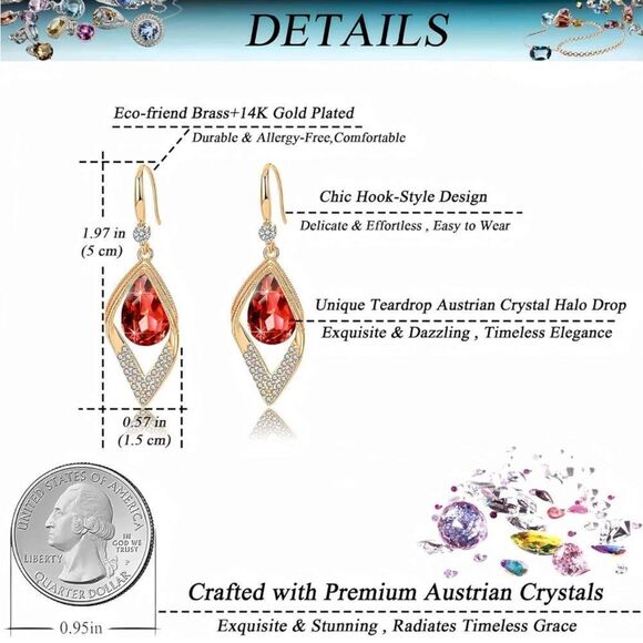 14K Yellow Gold with Ruby Red Austrian Crystal Halo Leaf Teardrop Hook Earrings - Picture 7 of 7